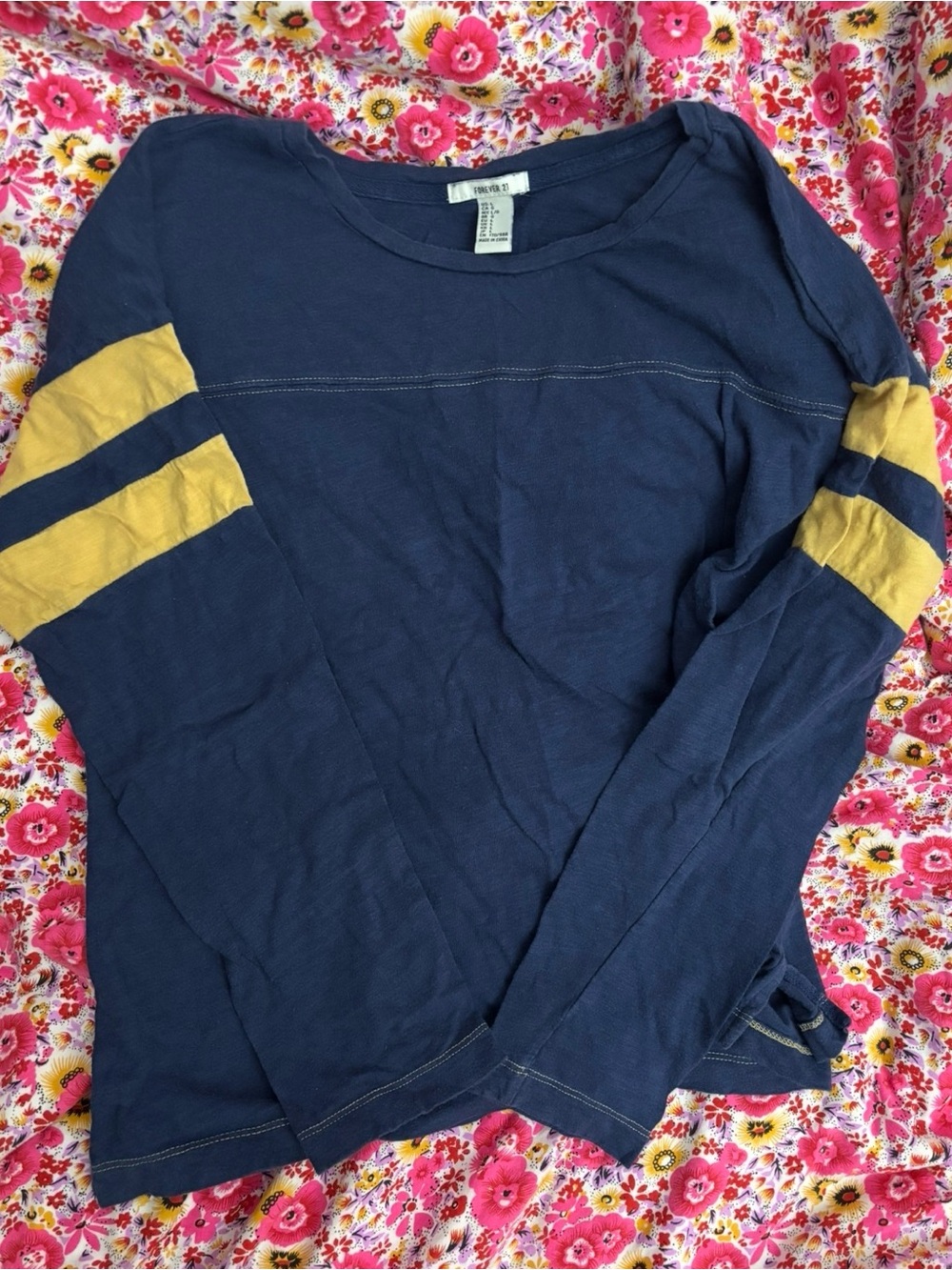 Forever 21 Navy Blue Long Sleeve Shirt Yellow Sleeve Stripes Varsity Sweatshirt